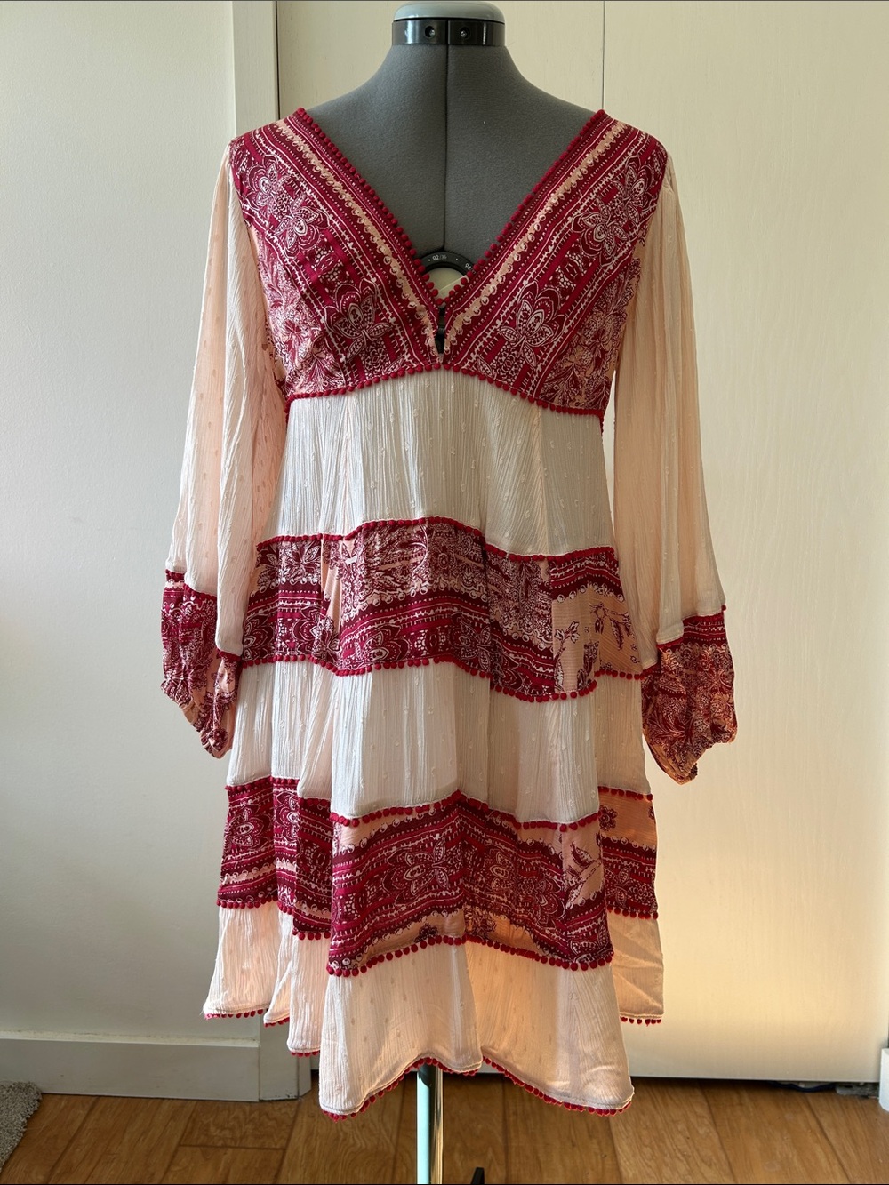 Free People Red and Cream Embroidered V-Neck Boho Mini Dress